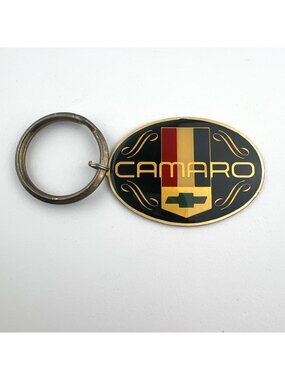 Vintage 80S Camaro Brass Oval Keyring Aminco USA Made Chevy Black Yellow Red